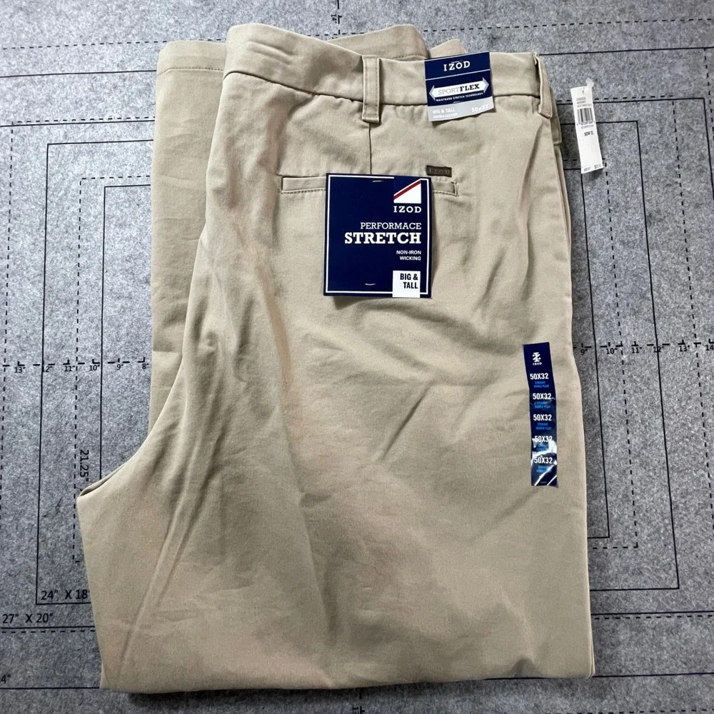 IZOD Performance Stretch‎ Big Tall Chino Pants Cedarwood Khaki 50W 32L